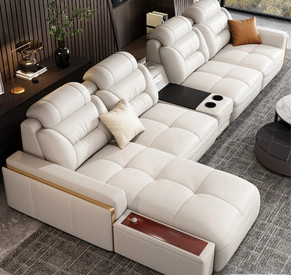 Premium  Italian Genuine Leather Sectional Sofa Sets Couch Sofas with USB and Bluetooth Speaker
