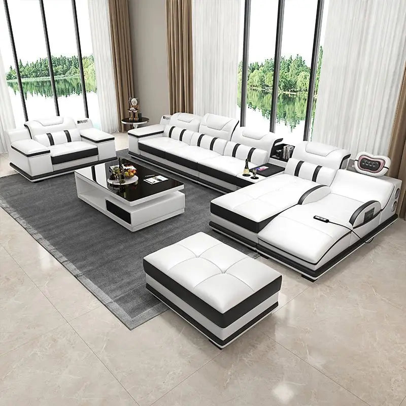for| Italian Genuine Leather Sectional Sofa with Bluetooth, Speaker, Functional Headrest, Massage Chaise | Big Corner Couch