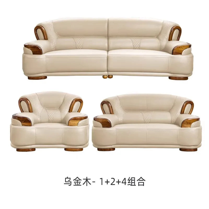 Ebony leather living room sofa combination modern simple light luxury new Chinese style solid wood first layer cowhide furniture