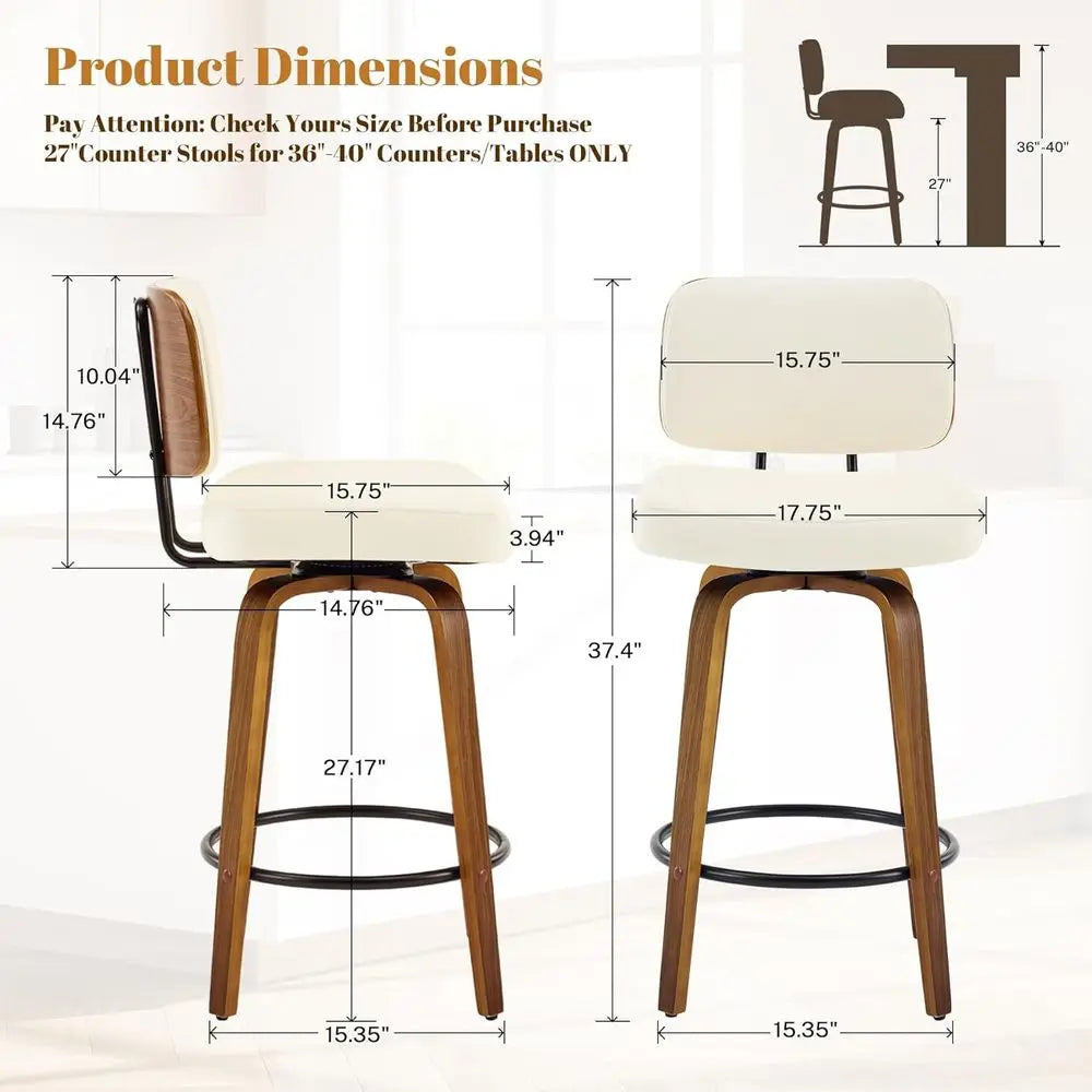 Ensemble de 3, 27 tabourets de bar pivotants en simili cuir blanc crème à hauteur de comptoir avec dossier, design moderne rembourré du milieu du siècle pour Kitc