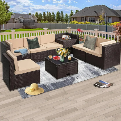 --8 Pieces Outdoor Wicker Rattan Patio Furniture Sectional Set, Glass Top Table with Hidden Storage, Oversized Cushions.sofa Bed