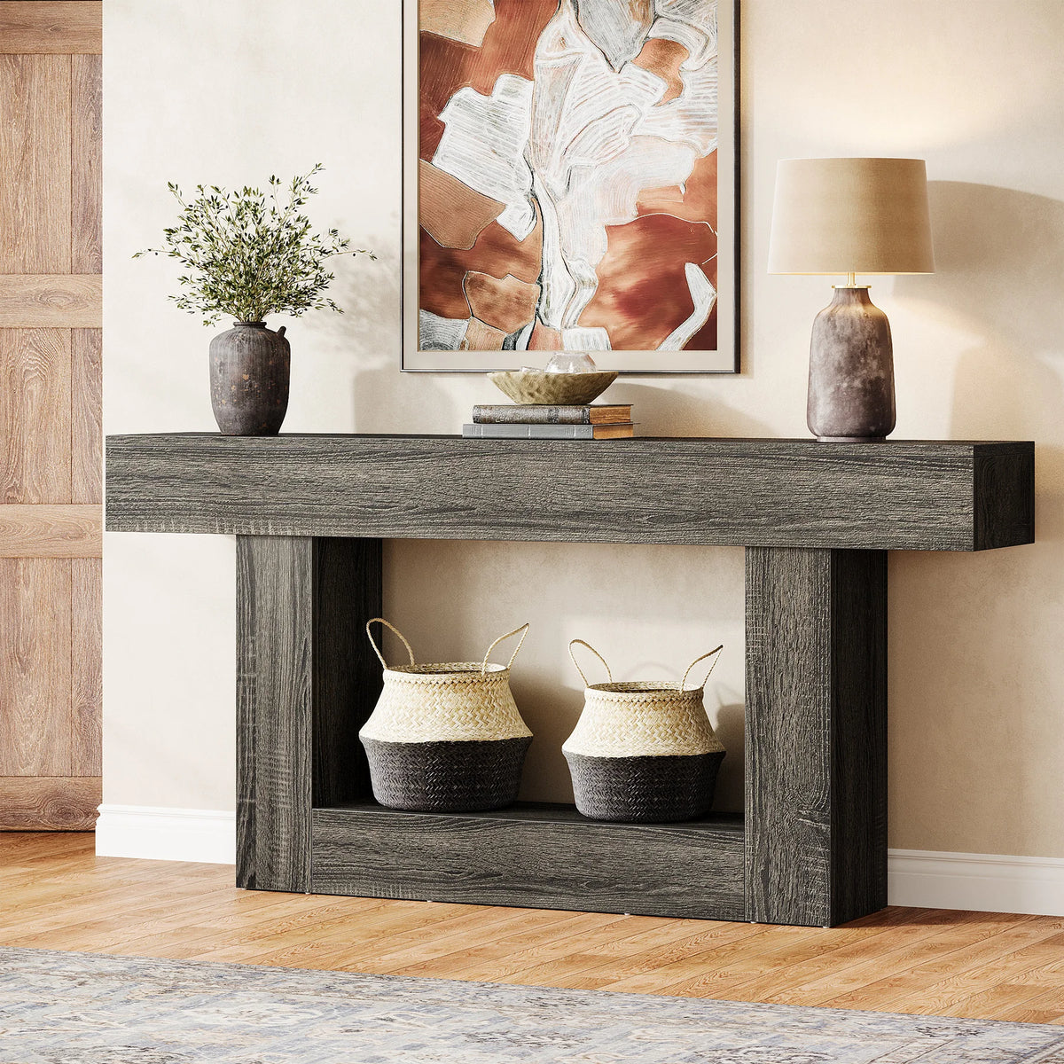 Rustic 2-Tier 63 Console Table with Storage for Entryway, Living Room, and Hallway in Brown & Gray