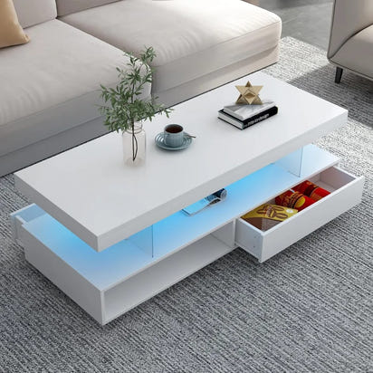 Modern LED Coffee Table with Storage, High Gloss Cocktail Center Table with Drawers