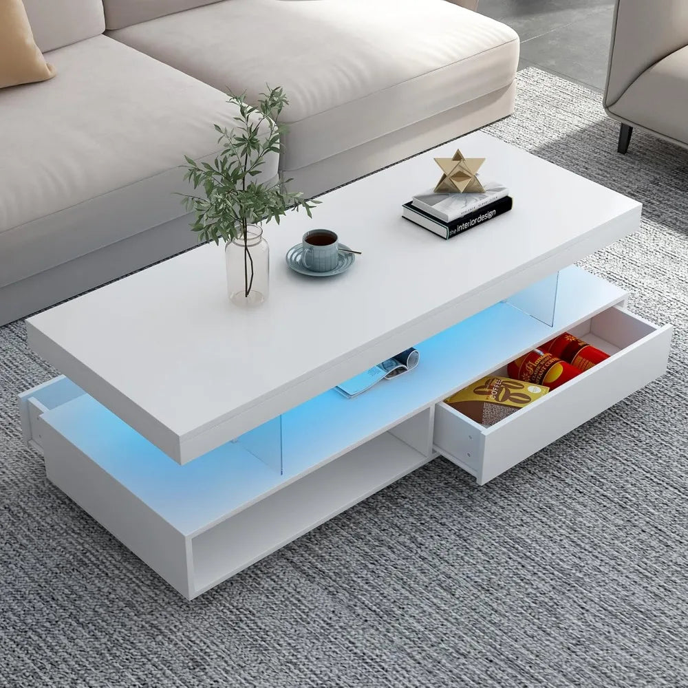 Modern LED Coffee Table with Storage, High Gloss Cocktail Center Table with Drawers