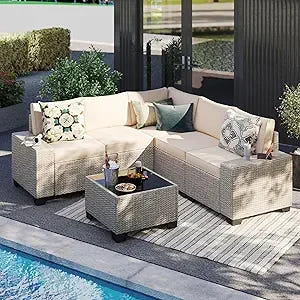 6 Pieces Patio Furniture Set, Outdoor Sectional Set of 6 w/Wide Armrest, Waterproof Wicker Conversation Set for Backyard, Deck,