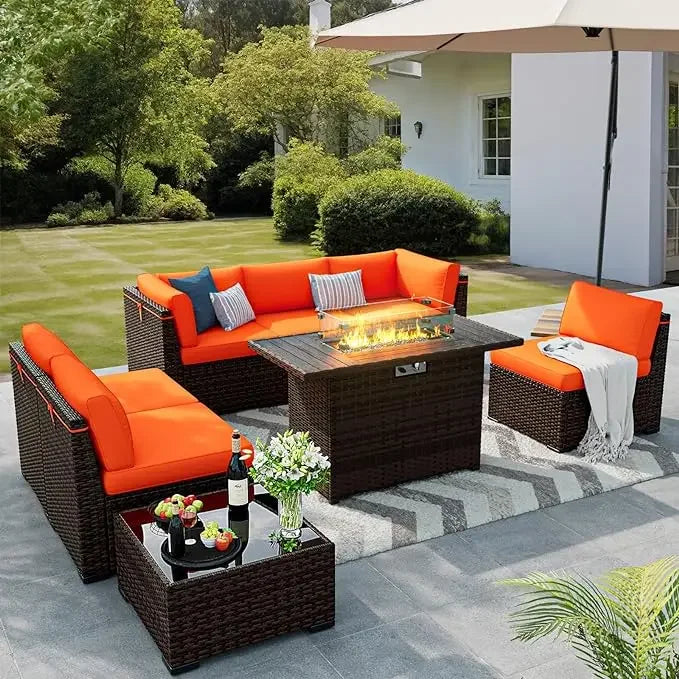 7 PCS Patio Furniture Set with 28" 50000 BTU Propane Gas Fire Pit Table Cushions Red