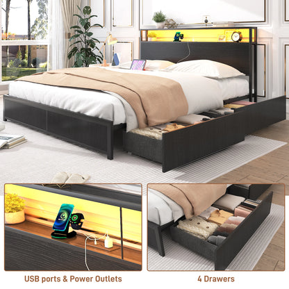 LED Bed Frame Full/QueenKing Size with 2 USB Ports and Outlets, Platform Metal Bed Frame with 4 Storage Drawers and Headboard