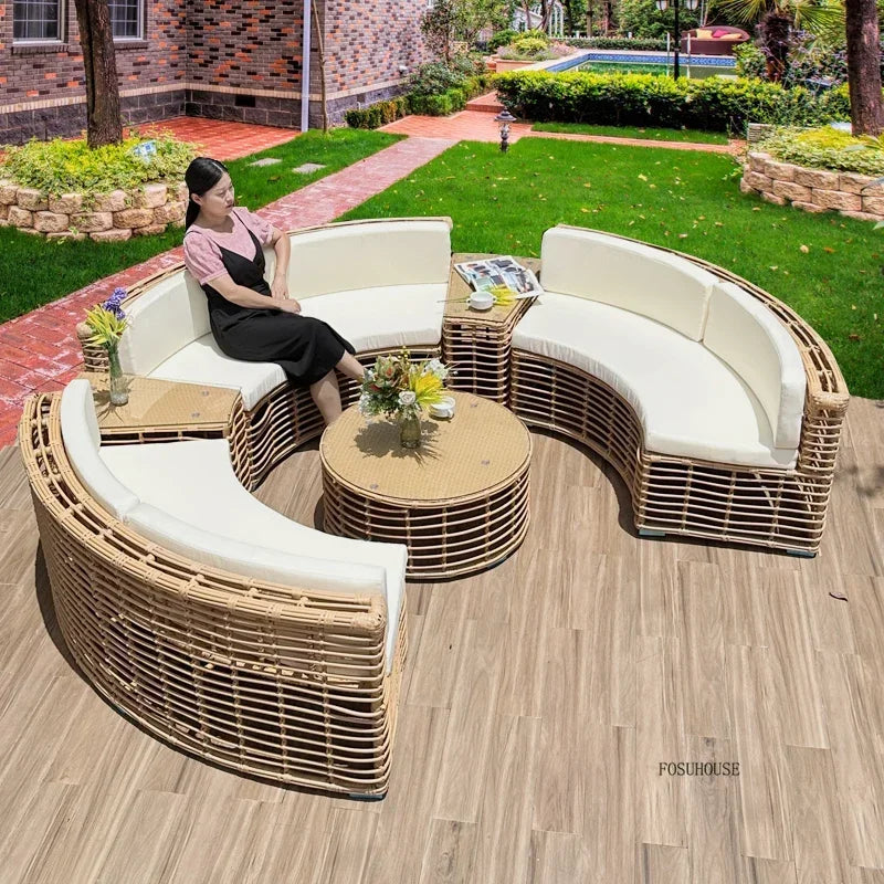Outdoor PE Rattan Garden Sofas Courtyard Open-air Sofa Chair Combination Outdoor Garden Leisure Balcony Full Arc Sofa Chairs FF
