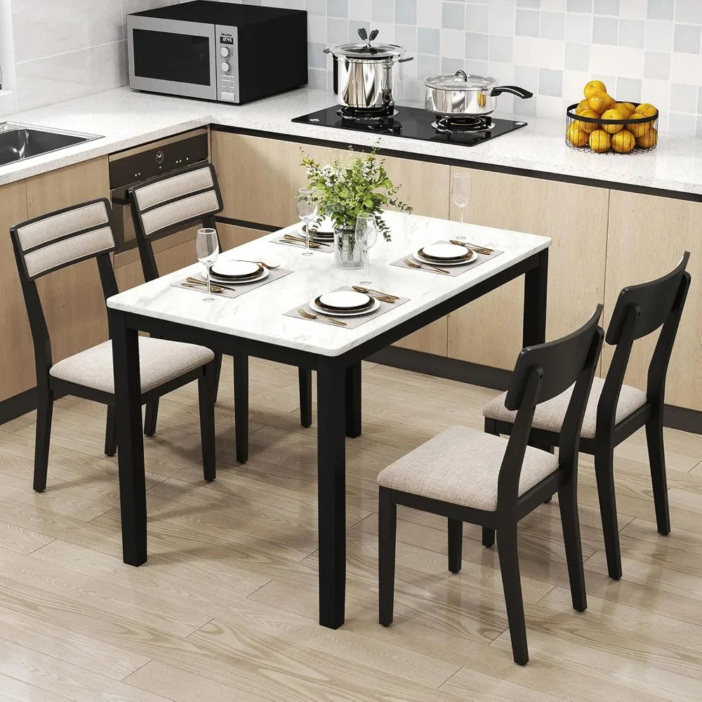 Dining Table Set for 4, Dinette Set W/Faux Marble Tabletop, 4 Padded Seat, Rubber Wood Legs, Curved Backrest
