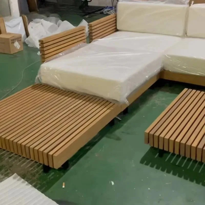 High Quality Solid Wood Teak Outdoor Patio Garden Sofas L-Shape Sectional Sofa Cushions for Villa Park Poolside Restaurant Use