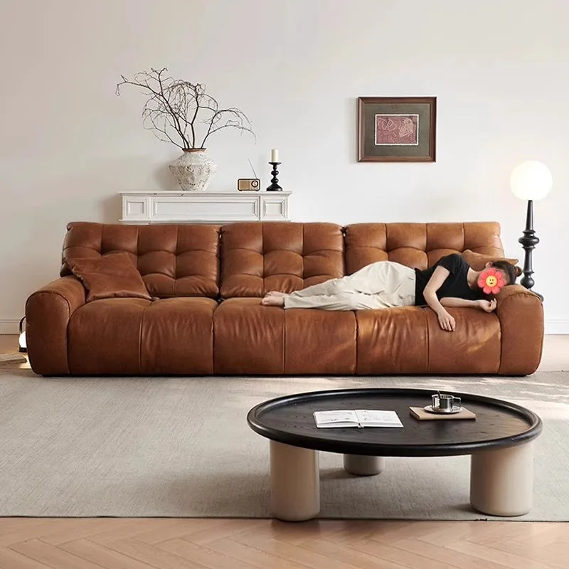 Retro oil wax leather sofa, small apartment living room straight row sofa, large sitting depth movable backrest medium ancient