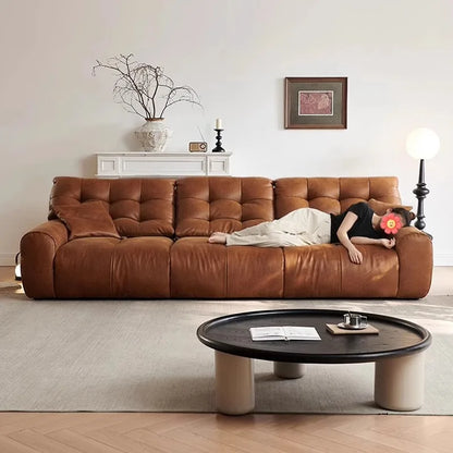 Retro oil wax leather sofa, small apartment living room straight row sofa, large sitting depth movable backrest medium ancient