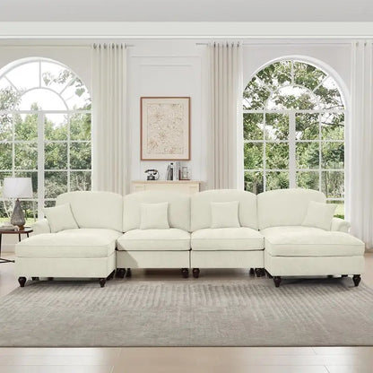 Classic U-Shaped 4-Seater Modular Sectional Sofa Couch with Flared Arms, Removable Ruffled Skirts, and Spindle Legs, Chenille
