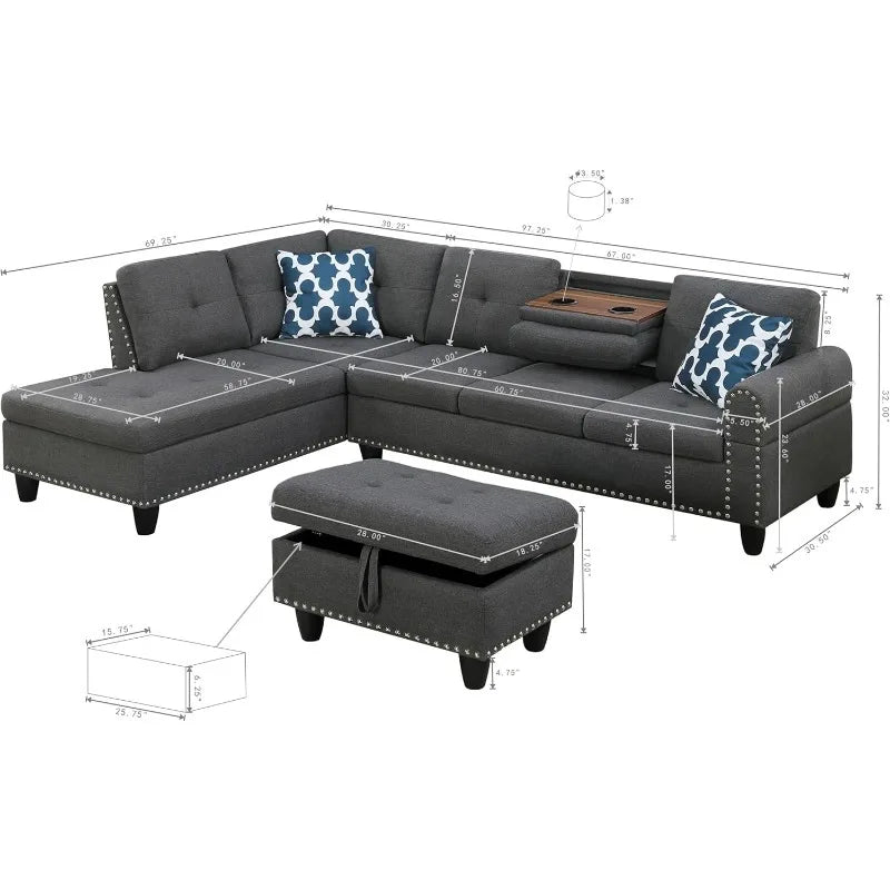 Modular Sectional Sofa Set with Coffee Table, 4-Seat L-Shaped Couch with Storage for Home Office