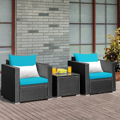 Hot Sale.3 Pieces Patio Furniture Set, PE Rattan Wicker Sofa Set w/Washable Cushion Cover and Tempered Glass Tabletop-NEW