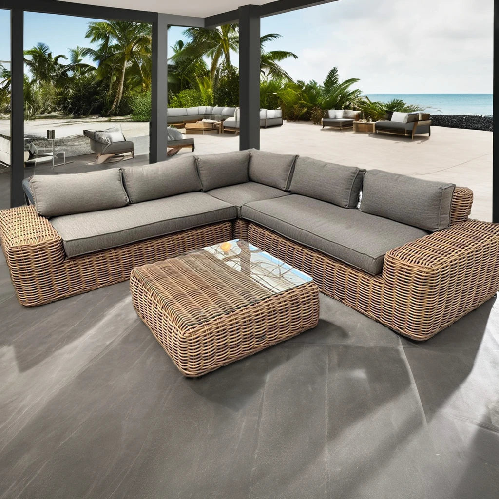 Factory Sale High Quality Outdoor Courtyard Metal Frame Rattan Wicker L-shape Garden Sofa Set