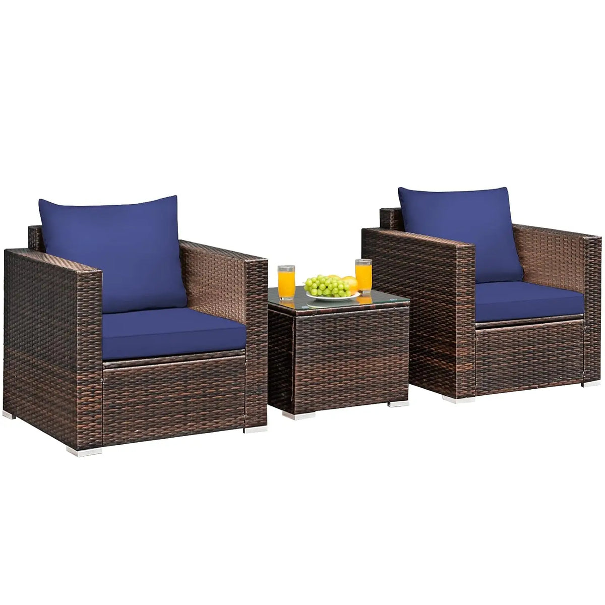 3 Pieces Patio Furniture Set, Outdoor Conversation Rattan Furniture Set w/Washable Cushion and Tempered Glass Tabletop, PE Ratta