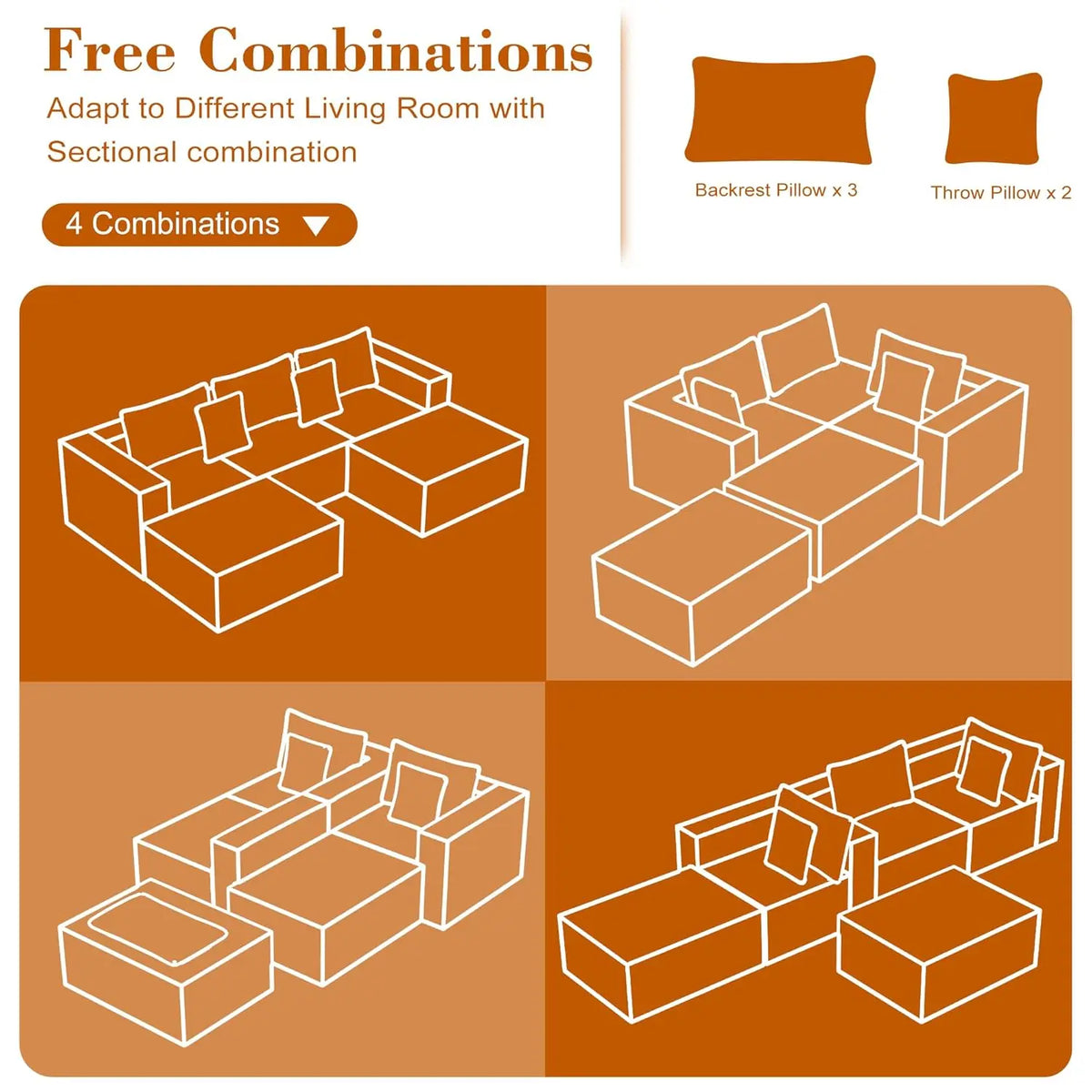110 Corduroy Modular Sectional Boneless Sofa with 2 Ottomans, Convertible Cloud Couch with Deep Seats, Fluffy Memory Foam U Shap