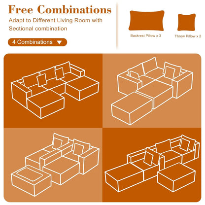 110 Corduroy Modular Sectional Boneless Sofa with 2 Ottomans, Convertible Cloud Couch with Deep Seats, Fluffy Memory Foam U Shap