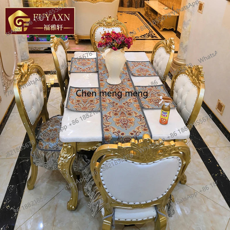 European-style Champagne Gold Dining Table and Chairs with Carvings, 1.6m Tables,  Carved Marble Long Dining Table and Chairs