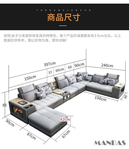 MANBAS Modern U-Shaped Fabric Sectional Sofa Set with Storage, Cup Holders, Speaker, USB, Bookshelf and Stools for Living Room