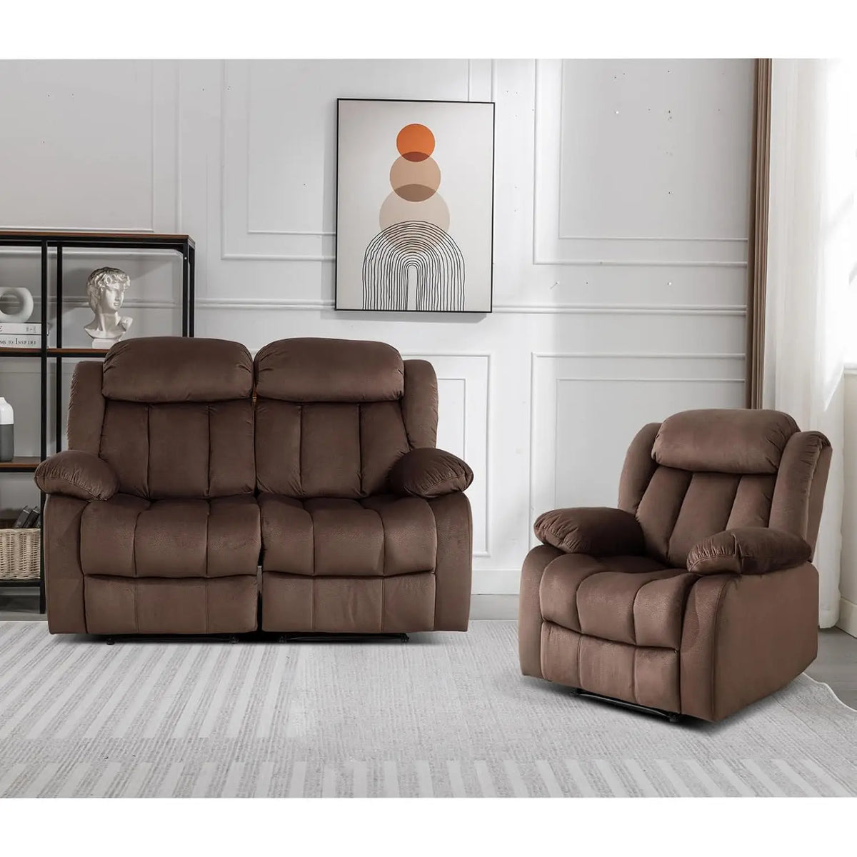 Manual Reclining Sofa Set with Overstuffed Arms & Backrest, Include 1 Recliner Chair & 1 Loveseat, Brown, Customized