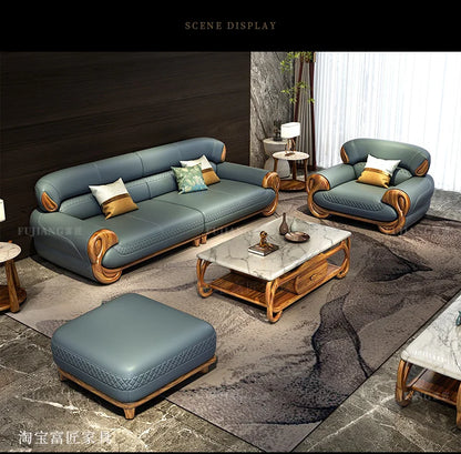 Ebony leather sofa living room new Chinese villa modern light luxury high-end sofa combination