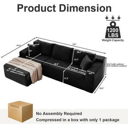 L-Shaped 103 Sectional Sofa with Chaise, Deep Seating, Corduroy Upholstery, Living Room Furniture, Ready to Use, Black