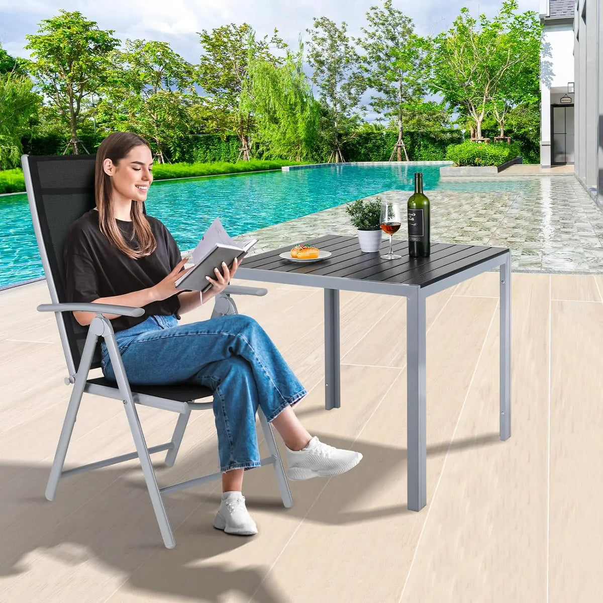 2PCS Foldable Lounge Chair Patio Folding Dining Chairs Aluminum Padded Adjustable High Back Lightweight Lawn Chair, Load 120kg