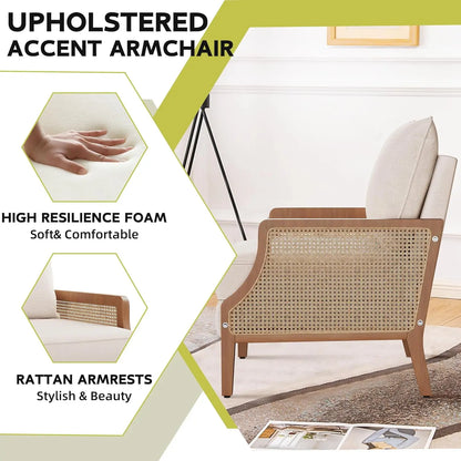 Mid Century Modern Accent Chair Upholstered Living Room Chairs Armchair with Rattan Armrest Comfy Reading Chair