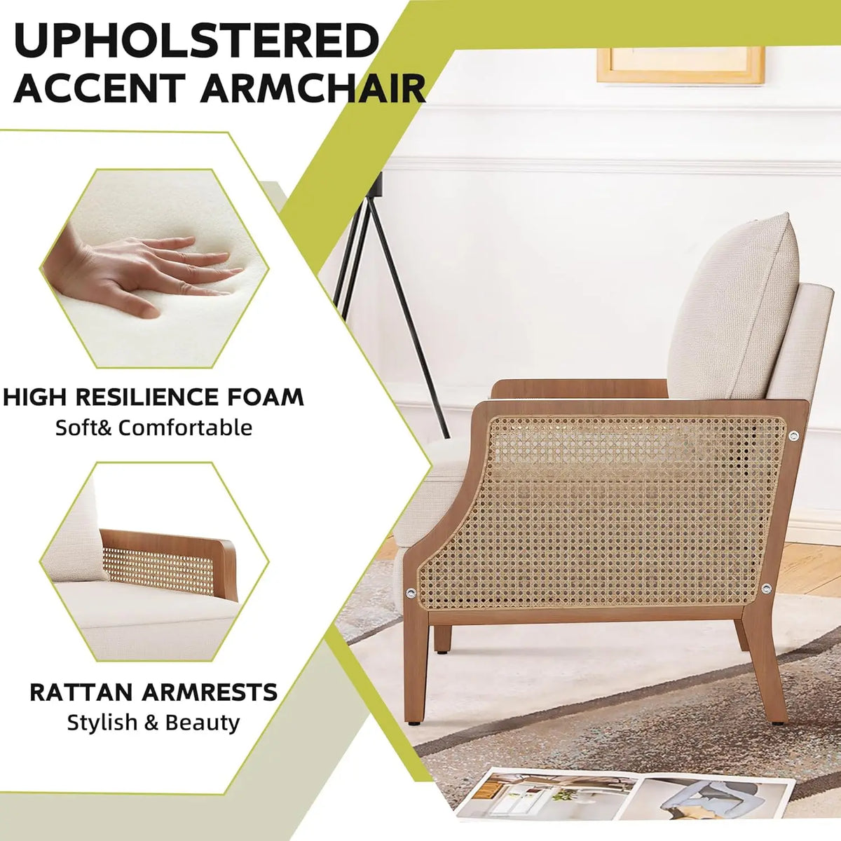 Mid Century Modern Accent Chair Upholstered Living Room Chairs Armchair with Rattan Armrest Comfy Reading Chair