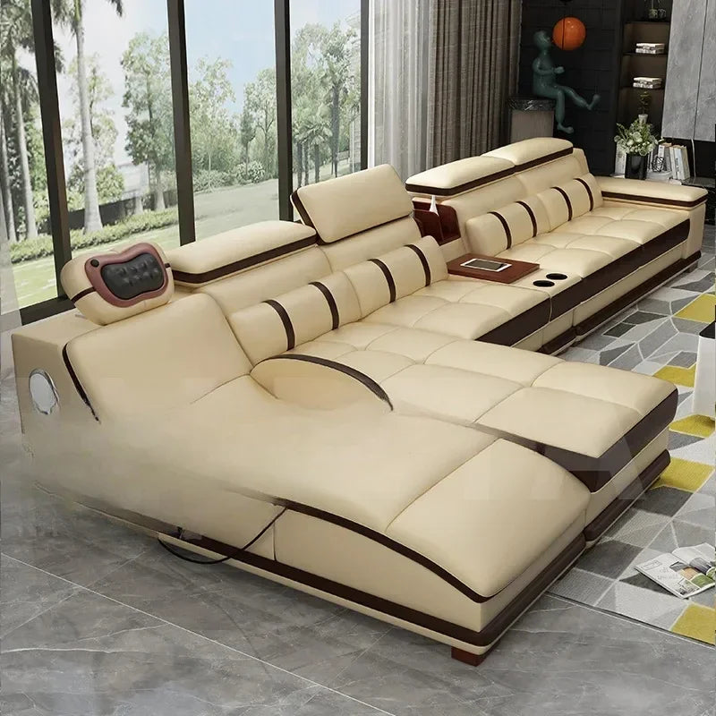Genuine leather sofa massage seat, cowhide multifunctional living room furniture, leather art storage, sofa combination