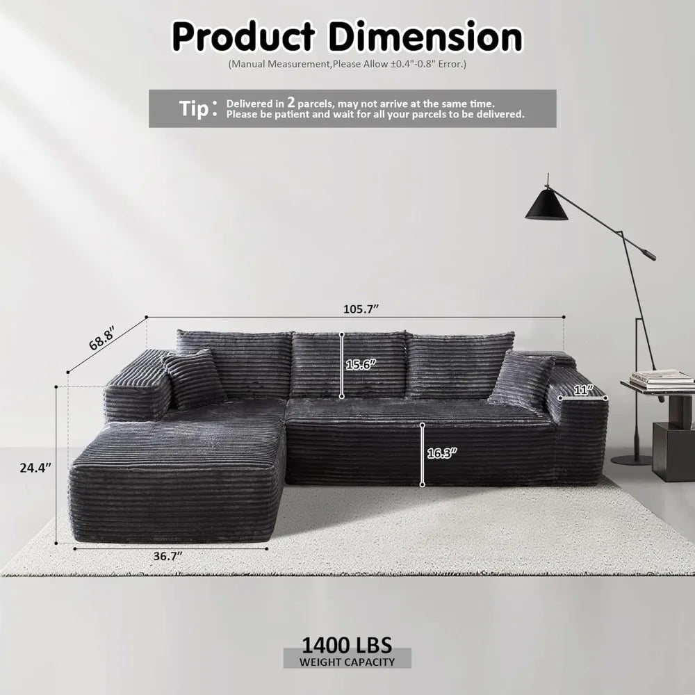Modern L-Shape Sectional Sofa with Deep Seating and Chaise for Living Room and Bedroom