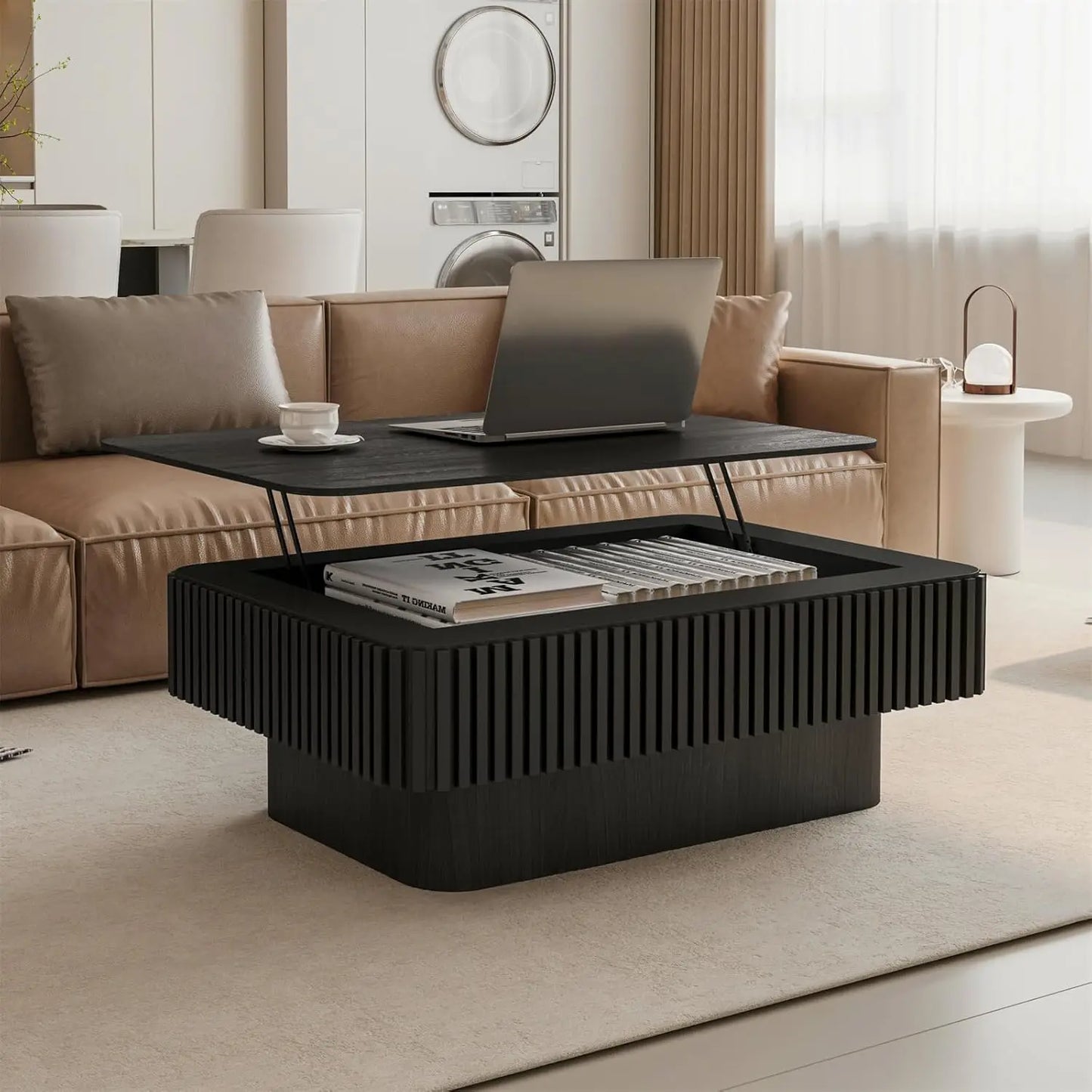 Lift Top Coffee Table For Living Room, Accent Fluted Coffee Table With Storage, Modern Solid Wood Veneered Rectangle Center Tea
