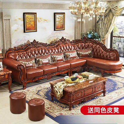 European leather corner high-end left and right concubines American solid wood  living room L-shaped combination sofa