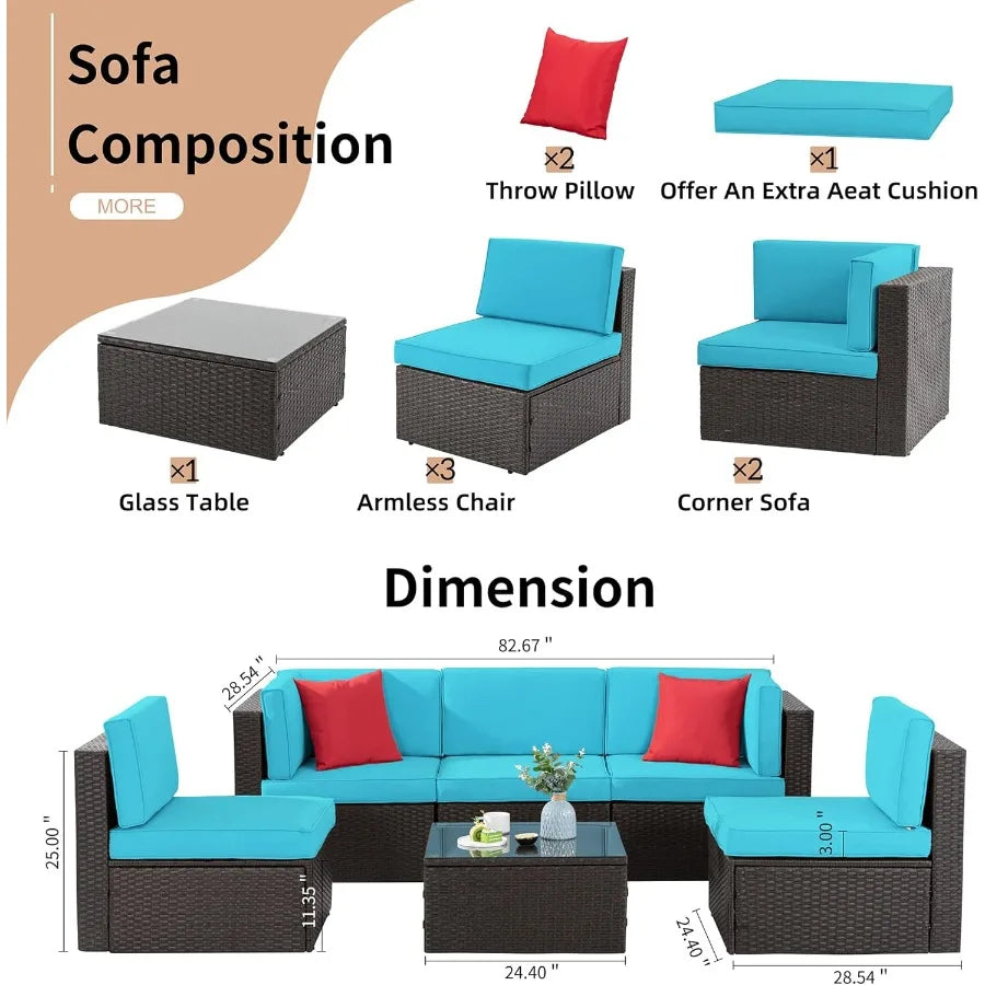 6 Pieces Outdoor AllWeather Sectional Patio Sofa Set with PE Rattan Manual Weaving Wicker Design Includes Glass Top Table and O