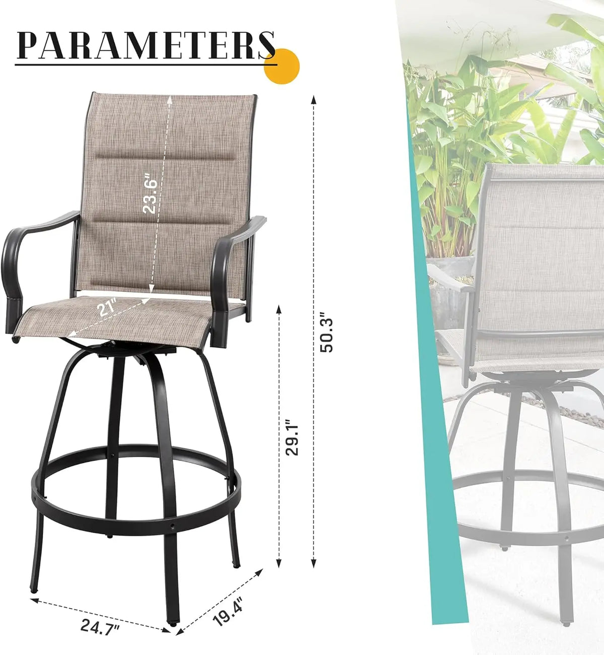 2-Piece Outdoor Swivel Bar Chairs, All-Weather Padded Sling Stools for Garden Patio Balcony, Gray