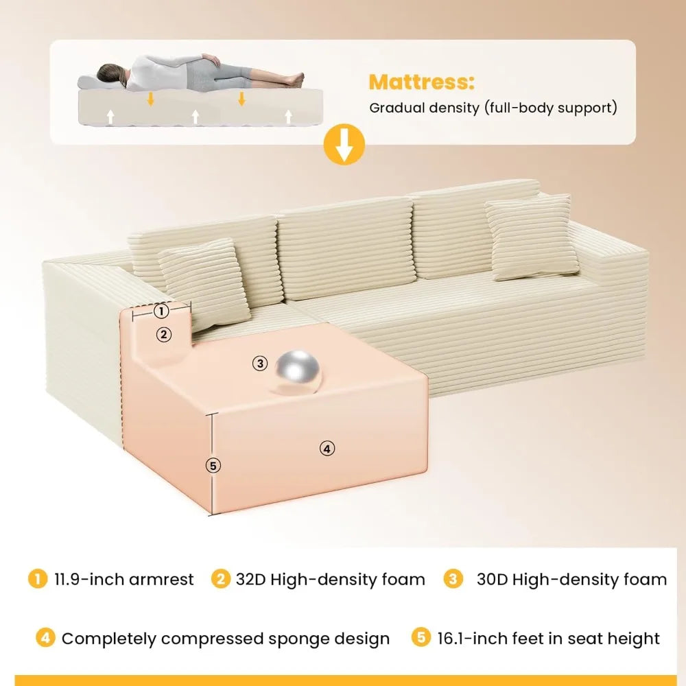 108" Cloud Sectional Couch Sofa with L-Shape Chaise, Modular Sectional Couch with Deep Seat for Living Room Bedroom