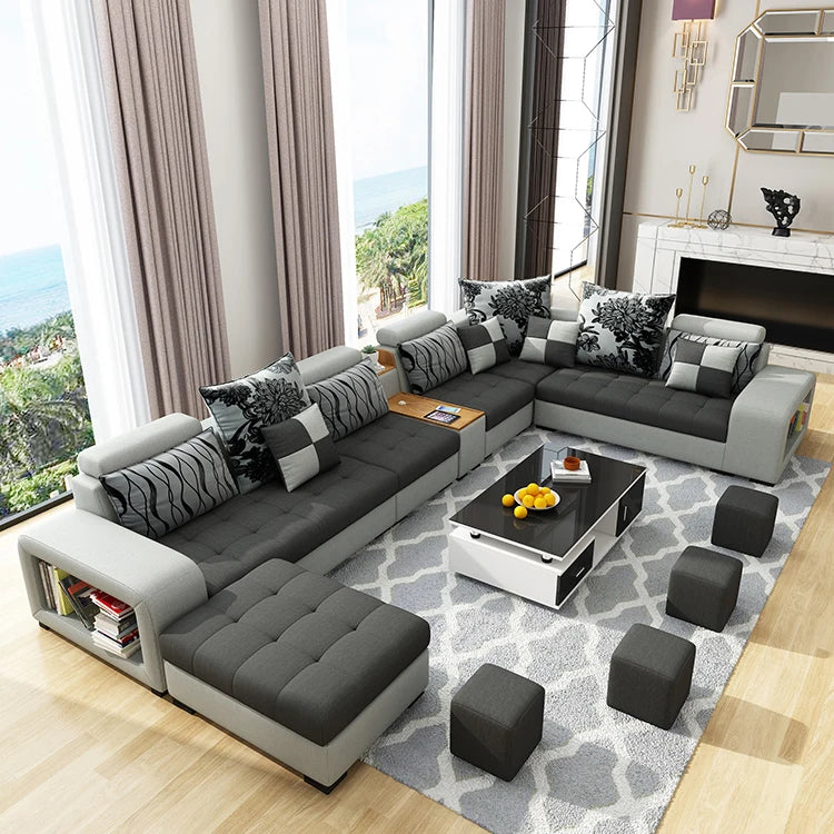 Modern Style Fabric Sectional Sofa Cum Bed Couch Living Room Sofas Set Home Luxury U Shaped Corner Sofa Set 7 Seater