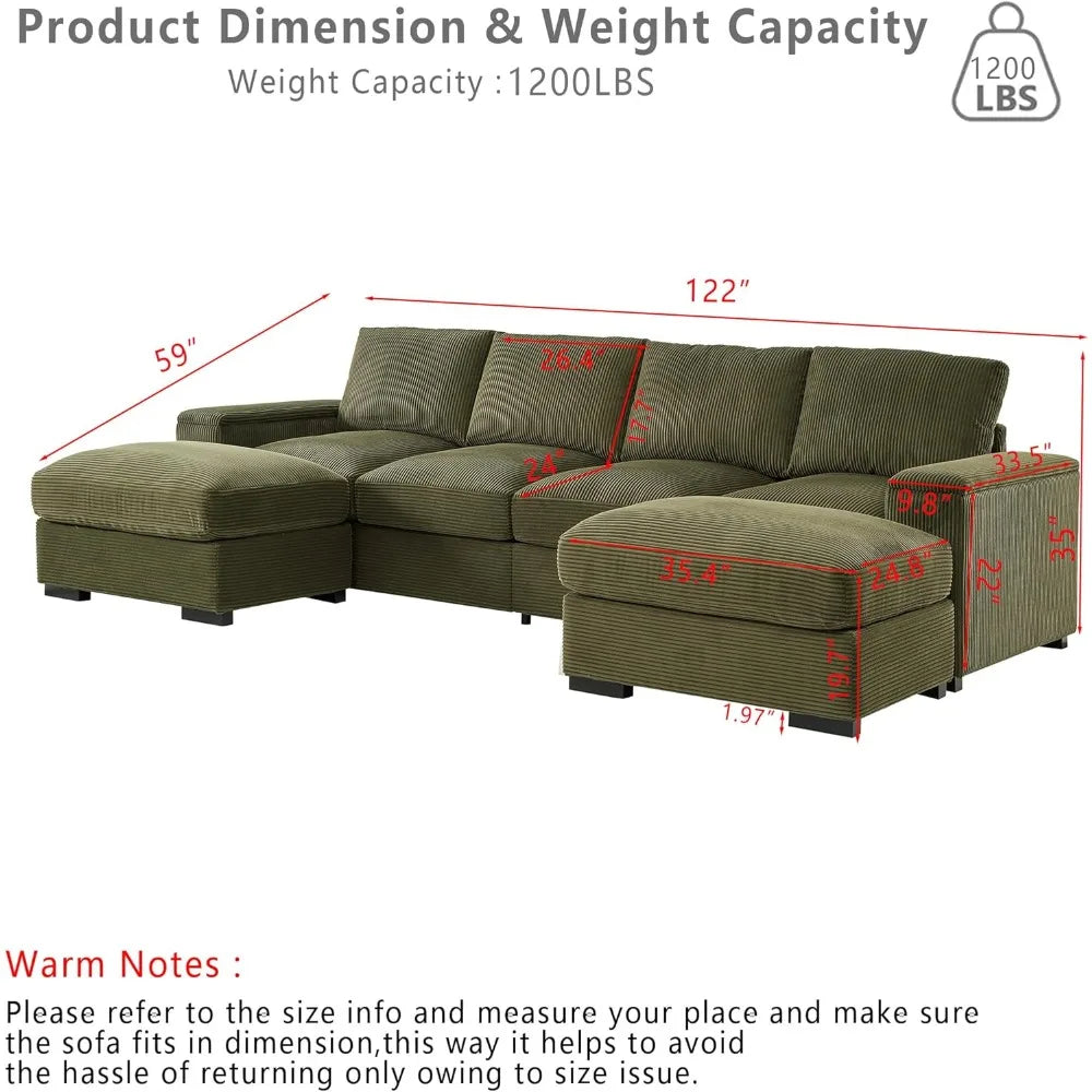 U-Shaped Cloud Couches for Living Room,122" Modular Sectional Cloud Sofas with Deep Seat Removable Ottomans,Modern Corduroy