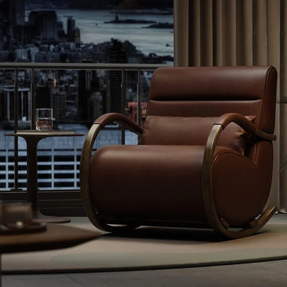 Solid wood leather lazy balcony leisure rocking chair bedroom living room household single sofa chair