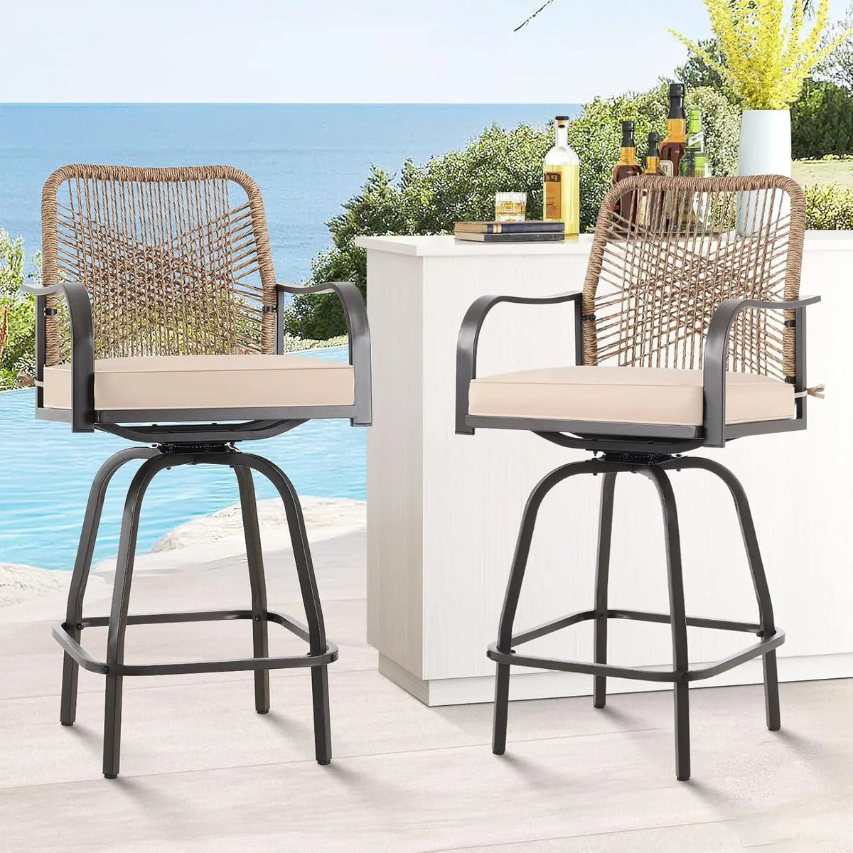 Outdoor Bar Stools Set of 2, Patio Swivel Counter Height Rattan Bar Stools, Patio Wicker Bar Swivel Chairs with Cushion