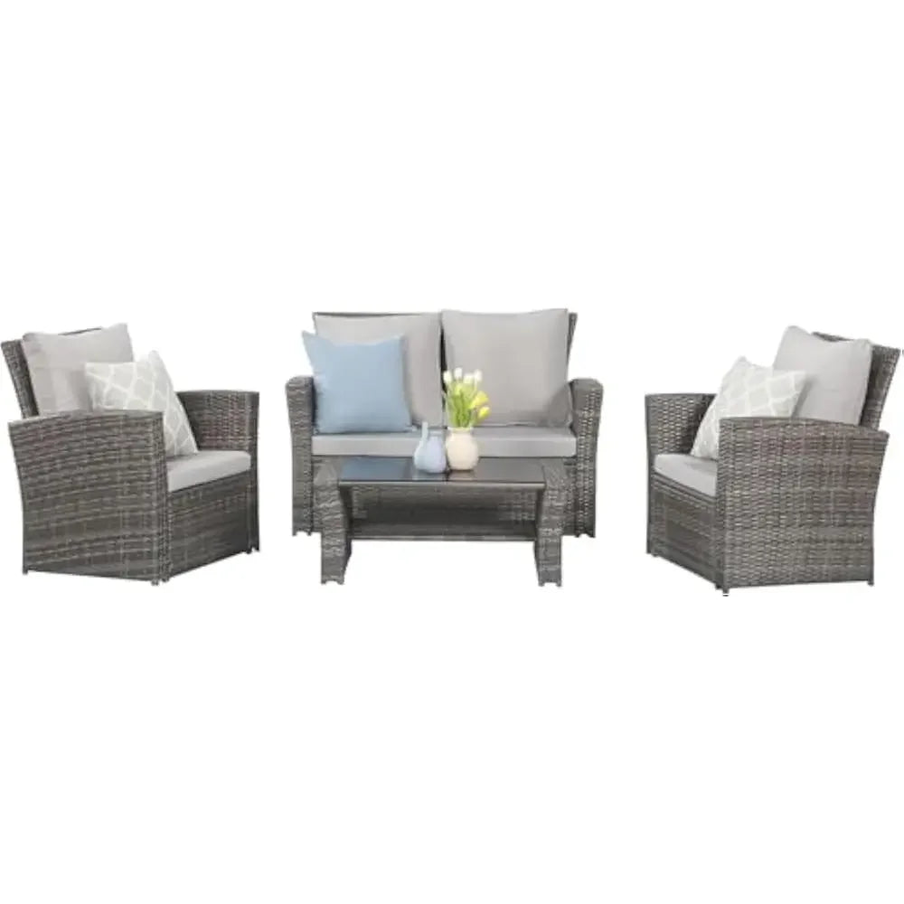 4 Piece Patio Furniture Set, Wicker Outdoor Patios Conversation Furniture Set, Outdoor Patio Sofa with Cushion and Glass Table