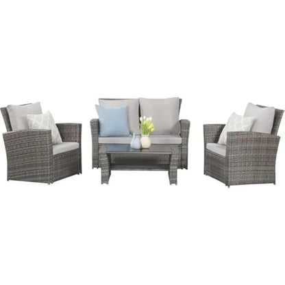 4 Piece Patio Furniture Set, Wicker Outdoor Patios Conversation Furniture Set, Outdoor Patio Sofa with Cushion and Glass Table