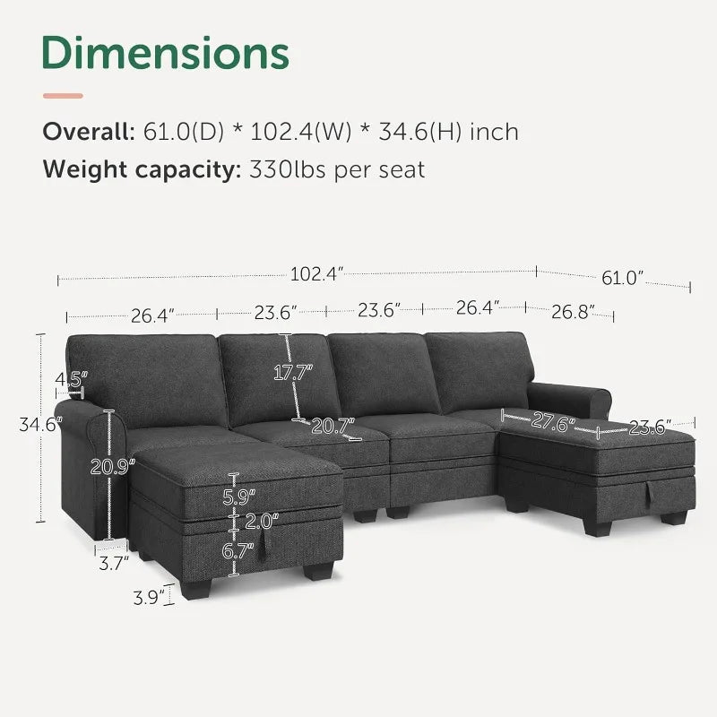 Storage Sectional Sofa with Reversible Chaise, U-Shaped Living Room Couch Dark Grey