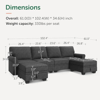 Storage Sectional Sofa with Reversible Chaise, U-Shaped Living Room Couch Dark Grey