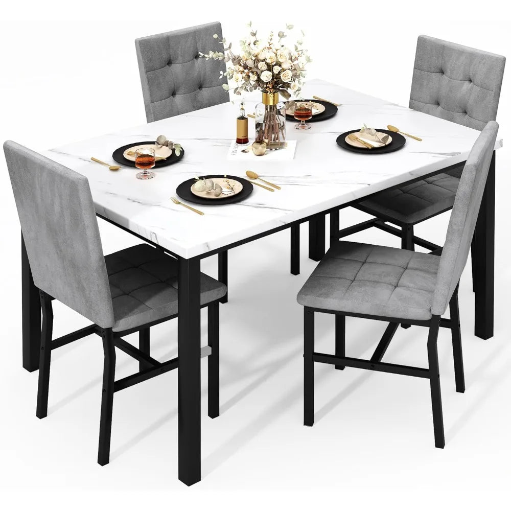 Dining Table Set for 4,Faux Marble Kitchen Table and Chairs of 4, Modern Dining Room Set for 4,Dinner Tabl