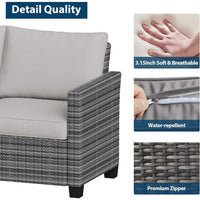 5 Piece Outdoor Patio Furniture Sets, Wicker Conversation Set for Porch Deck, Gray Rattan Sofa Chair with Blue Cushion, Brown