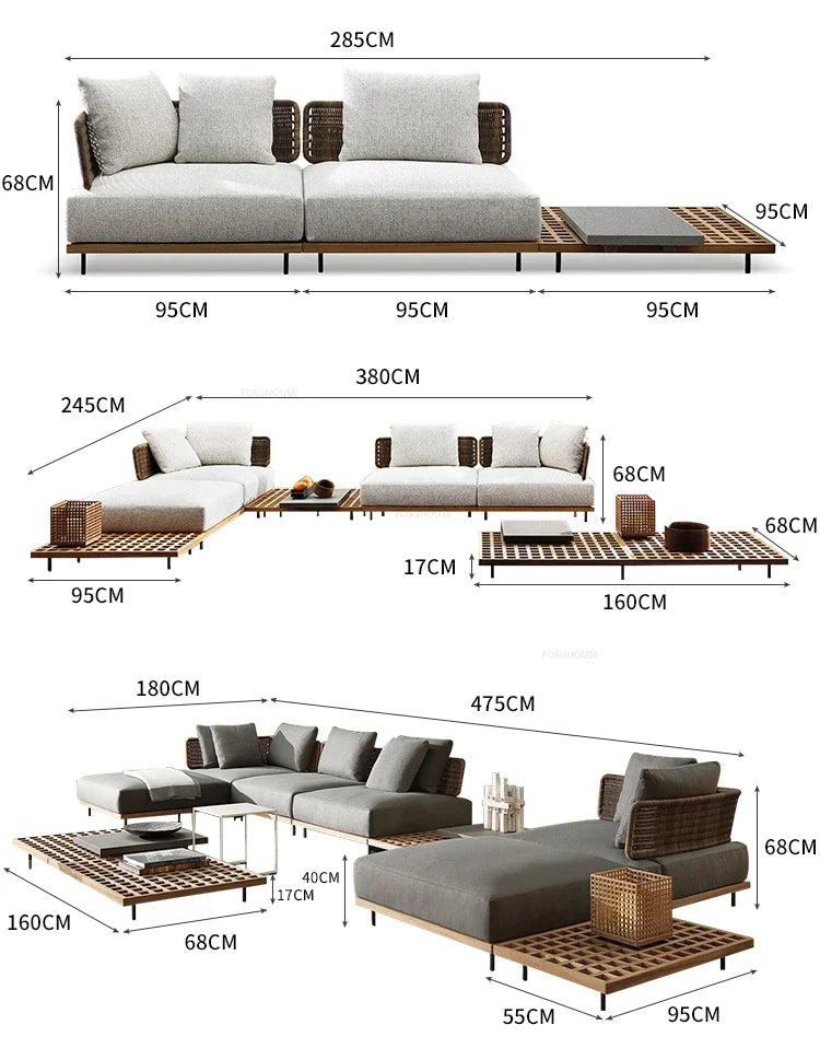 Solid Wood Rattan Sofa Home Leisure Patio Furniture B&B Villa Nordic Sofa Chair Combination Luxury Outdoor Garden Furniture Sets