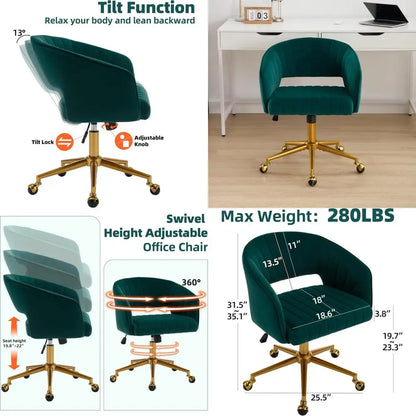 modern velvet swivel desk chair with adjustable height and metal base for home office and vanity use